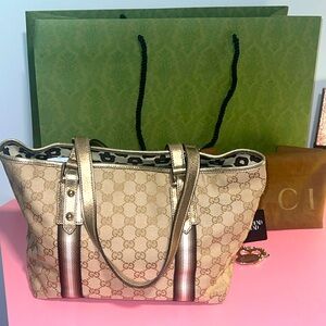 Gucci Canvas Tote Khaki And Gold